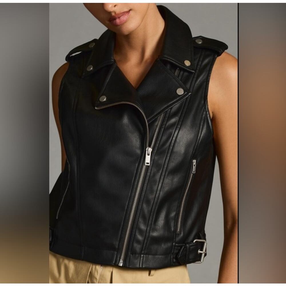 NWT Anthropologie‎ Cropped Faux-Leather Sleeveless Moto Jacket Women L $148 MSRP